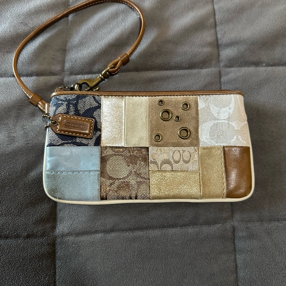 Coach Brown and Blue Wristlet with Signature Design